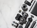 Camera and accessories on table, copy space Royalty Free Stock Photo