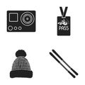 Camera action, a lifeguard token, a warm hat, ski. Ski resort set collection icons in black style vector symbol stock Royalty Free Stock Photo