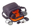 Camera bag, photo lenses and some other photo accessories Royalty Free Stock Photo