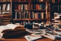 camera, books, and glasses on a table in front of a bookshelf