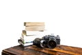 Camera Books Wood Abstract on white Royalty Free Stock Photo