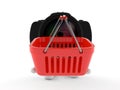 Camera character holding empty shopping basket Royalty Free Stock Photo