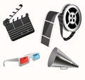 Camera cinema stereo glasses clapper and megaphone for film production vector realistic pictures.