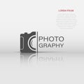 Camera device sign icon in flat style. Photography vector illustration on white isolated background. Cam equipment business