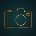 Camera DSLR icon vector logo. Gradient gold metal with dark background