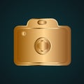 Camera DSLR icon vector logo. Gradient gold metal with dark background