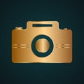 Camera DSLR icon vector logo. Gradient gold metal with dark background