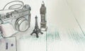 Camera, Eiffel Tower model, Big Ben model, Passport