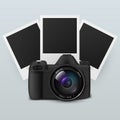 Camera with empty photo pictures realistic vector electronic photographing equipment