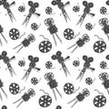 Camera and film reel vintage seamless pattern, handdrawn sketch, retro movie industry, vector illustration Royalty Free Stock Photo