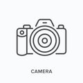 Camera flat line icon. Vector outline illustration of photo equipment. Photocamera black thin linear pictogram for