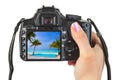 Camera in hand and beach landscape Royalty Free Stock Photo