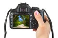 Camera in hand and beach landscape Royalty Free Stock Photo