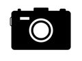 Camera icon. Symbol of photo, snapshot. Silhouette for photography, image and picture. Black simple icon of camera with flash, Royalty Free Stock Photo
