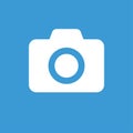 Camera icon white color on blue background. Picture flat isolated symbol. Zoom retro object