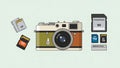 Camera illustration with a large lens surrounded by various memory Royalty Free Stock Photo