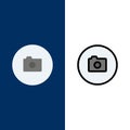 Camera, Image, Basic, Ui  Icons. Flat and Line Filled Icon Set Vector Blue Background Royalty Free Stock Photo