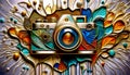 An camera image produced on embossed pewter material with colour ink infills Royalty Free Stock Photo