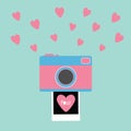 Camera Instant photo Flat design style. Pink hearts. Love card. Blue background