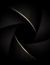 Camera lens close up with golden shutter blades. Wedding photography or videography concept. Gold on black