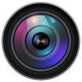 Camera lens isolated, front view with colorful reflections in glass, realistic 3D icon Royalty Free Stock Photo
