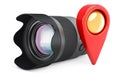 Camera lens with map pointer. 3D rendering Royalty Free Stock Photo