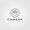 Camera lens photography logo with nature mountain symbol vector illustration design