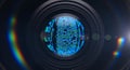 Camera lens reflects digital code creating a futuristic technology atmosphere view Royalty Free Stock Photo