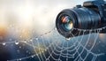 Camera lens and spider web with water drops in close-up. Royalty Free Stock Photo