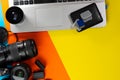 A camera, lenses, filters, batteries, memory cards, a hard drive Royalty Free Stock Photo