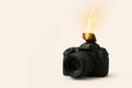 Camera with lightning bursting out of the flash. Space for text. Royalty Free Stock Photo