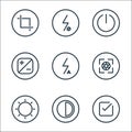 camera line icons. linear set. quality vector line set such as check, contrast, brightness, camera, automatic flash, contrast,