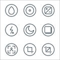 Camera line icons. linear set. quality vector line set such as crop, crop, camera, page, night mode, automatic flash, contrast,