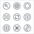 Camera line icons. linear set. quality vector line set such as rotate camera, camera, grid, add, full screen, lens, rotate, lens