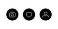 Camera, love, and profile button. Icon set of social media