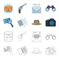 Camera, magnifier, hat, notebook with pen.Detective set collection icons in cartoon,outline style vector symbol stock Royalty Free Stock Photo