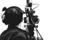 Camera man using professional video camcorder in media broadcasting industry black on white