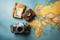 Camera and Map on Table, Travel Essentials for Adventurers, Top view travel concept with retro camera films, map, and passport on