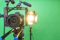 camera,microphone, lights and a green screen Royalty Free Stock Photo