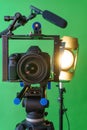 camera,microphone, lights and a green screen Royalty Free Stock Photo