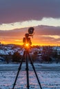 Camera microphone on tripod sunset evening in Jindrichuv Hradec CZ 01 03 2026 Royalty Free Stock Photo