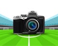 Camera in the midfield of football stadium vector