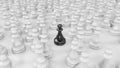 camera moves over a crowd of white pawns and focuses on the black