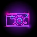 Camera neon logo. glow in the dark. electric theme season. party night club.