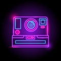 Camera neon logo. glow in the dark. electric theme season. party night club.