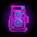 Camera neon logo. glow in the dark. electric theme season. party night club.