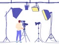 Camera operator equipment. Cameraman recording movie backstage, professional cinematographer in headphones, videocamera