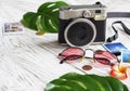 Camera, photo, coins, sunglasses, leaves