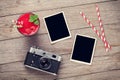 Camera, photo frames and raspberry smoothie Royalty Free Stock Photo