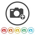 Camera, photo upload icon. Set icons in color circle buttons Royalty Free Stock Photo